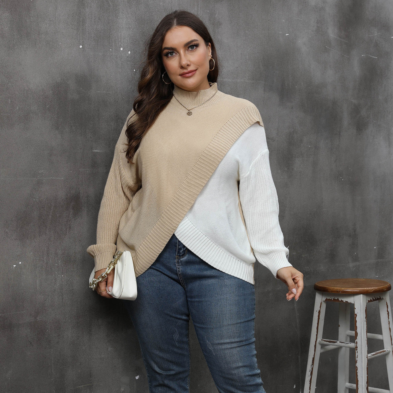 Plus Size Women Autumn Winter Coat Women Clothes Color Contrast Patchwork Cross Woven Sweater Half Turtleneck Pullover