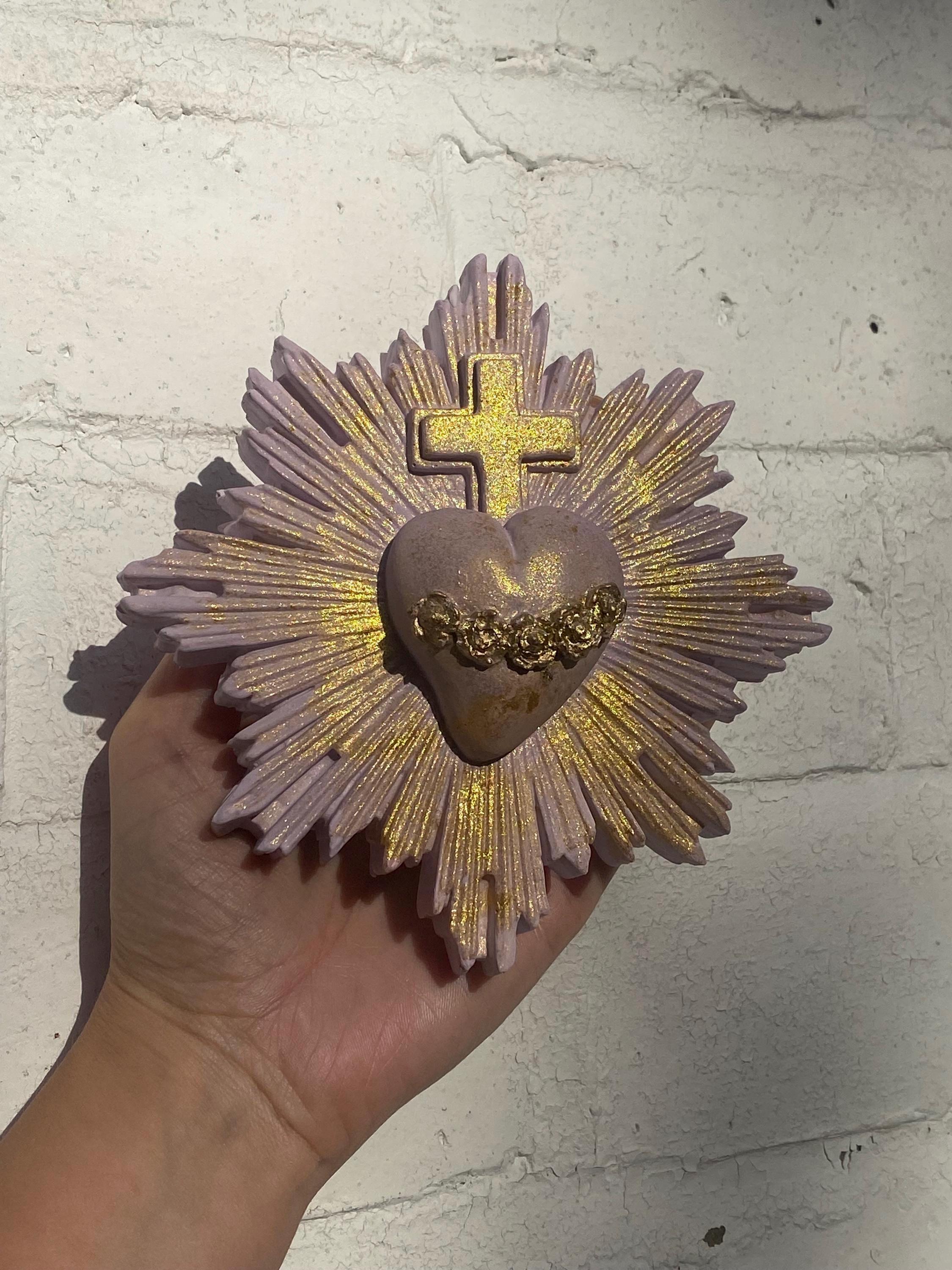 Sacred Heart Wall Decor, Milagro Heart, Flaming Heart & Cross, Handmade.