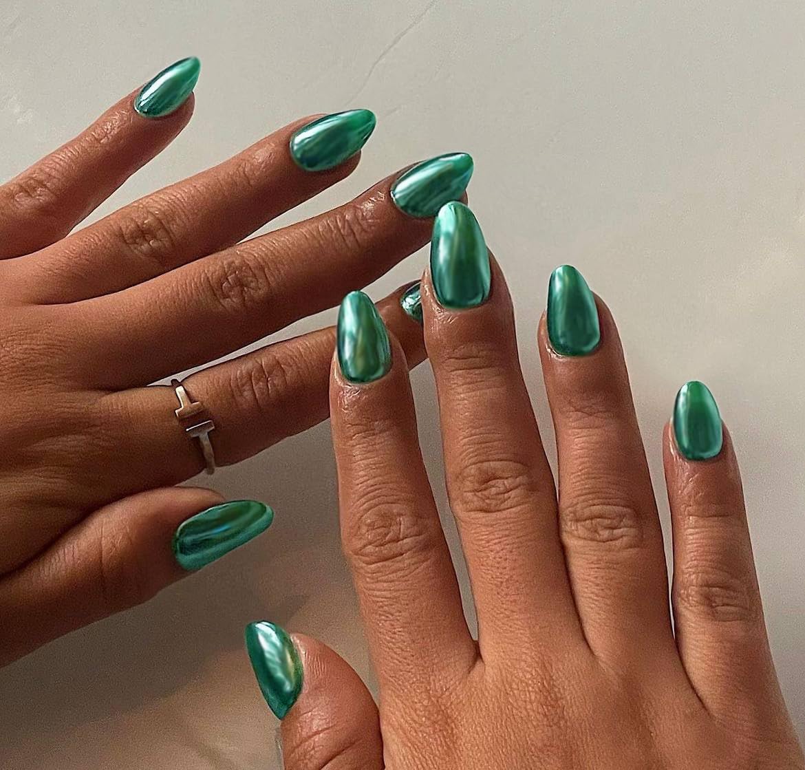 24Pcs Metal Chrome Press on Nails Medium Almond Fake Nails