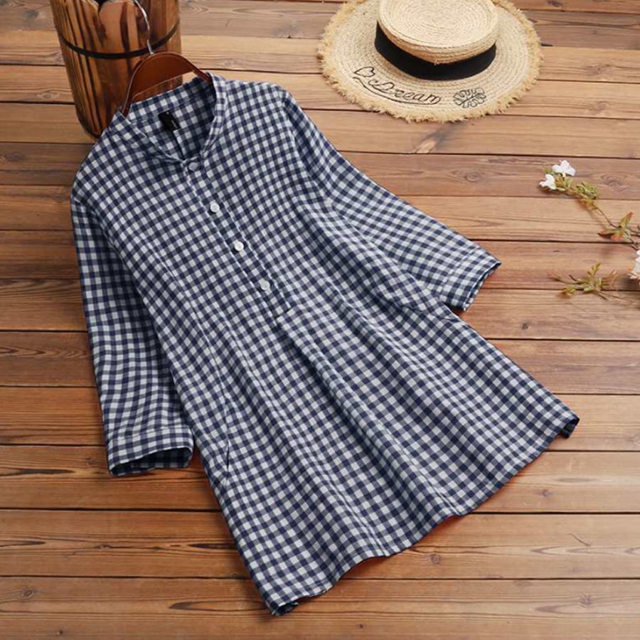Ladies Vintage Plaid Cotton Linen Shirt