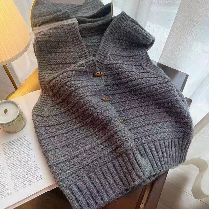 V-Neck Cardigan with Horn Button Design and Three-Dimensional Pattern