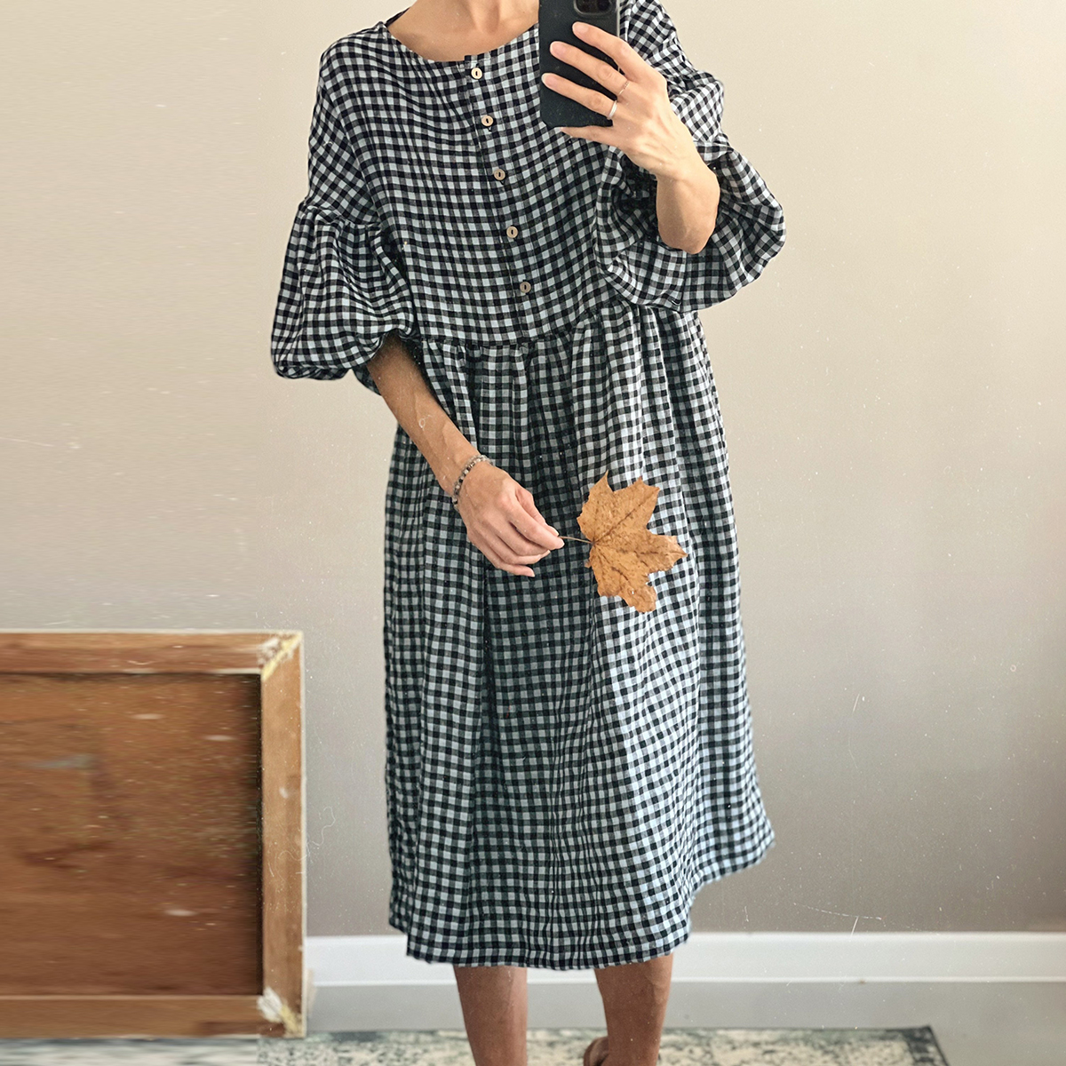 Check Button Round Neck Balloon Sleeve Midi Dress