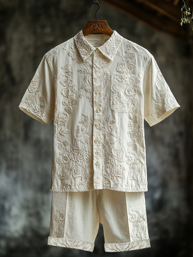 Fashion Men's Holiday Lace Embroidery Art Shirt And Shorts Co-ord Set