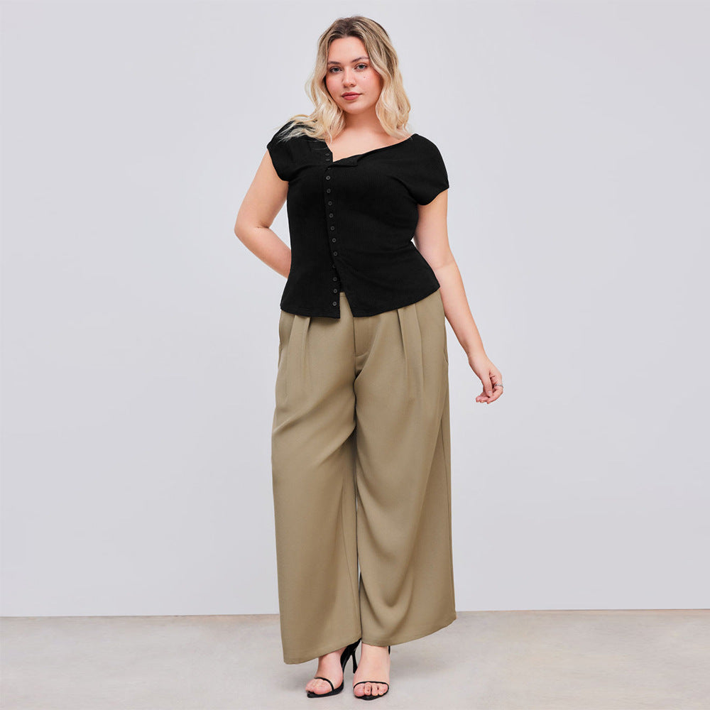 Plus Size Women Clothing Classic Diagonal Collar T Shirt Summer Single Breasted Slim Fit Shoulder Top