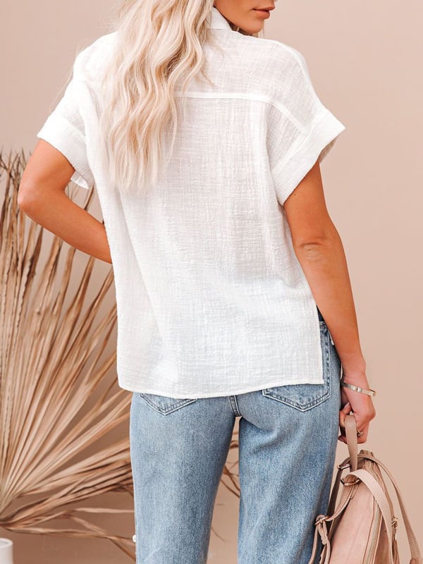 Women's cotton linen short sleeves ladies lapel buttoned shirt