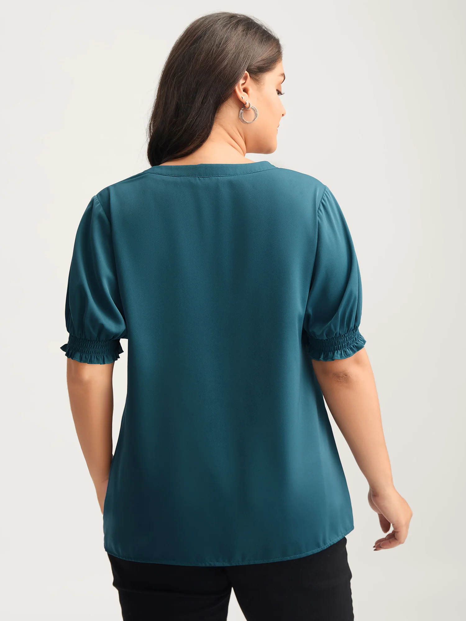 Shirred Puffy Sleeve Solid Blouse