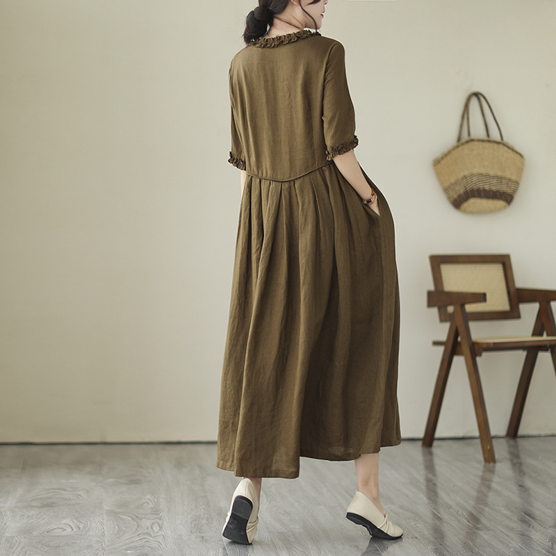 Vintage Cotton Numb Ear V Neck Midi Dress