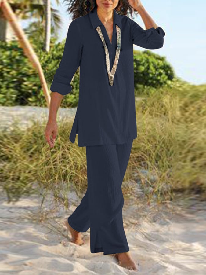 Women's Casual Cotton And Linen Two-piece Suit