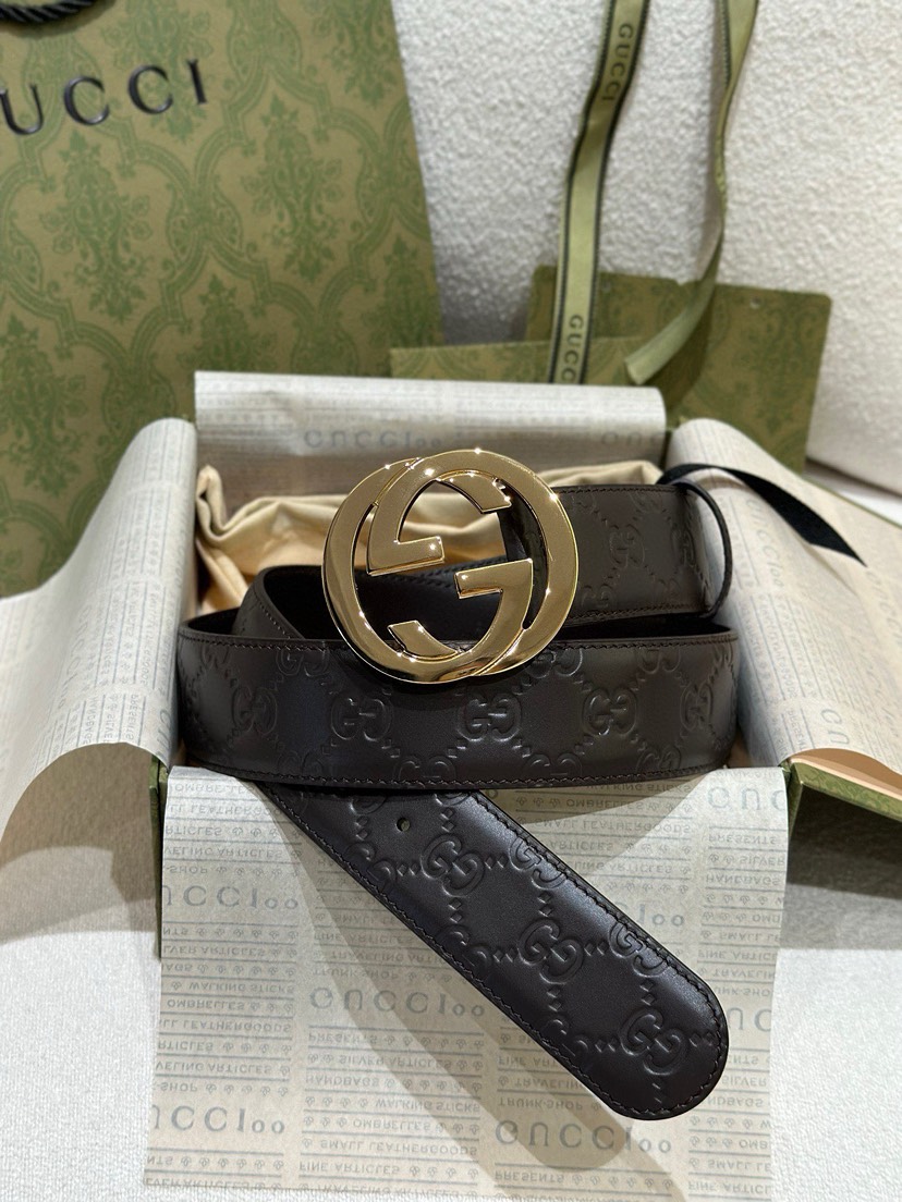 Gucci classic embossed leather belt width 4.0cm