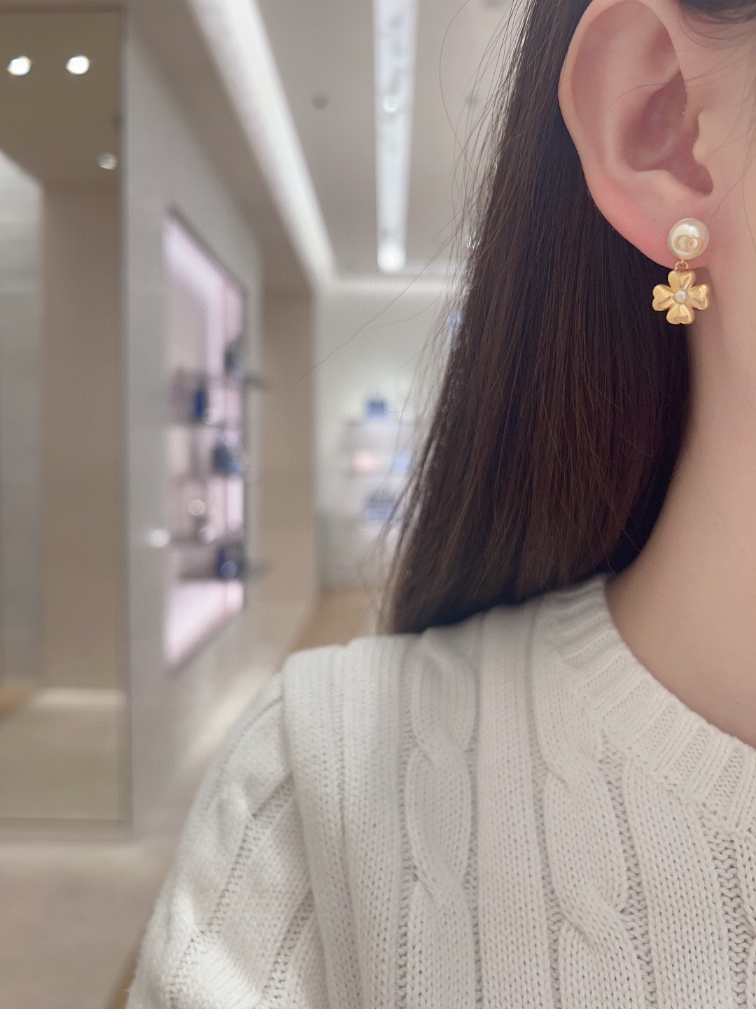 Dior 25 Four Leaf Clover CD Pearl Earrings