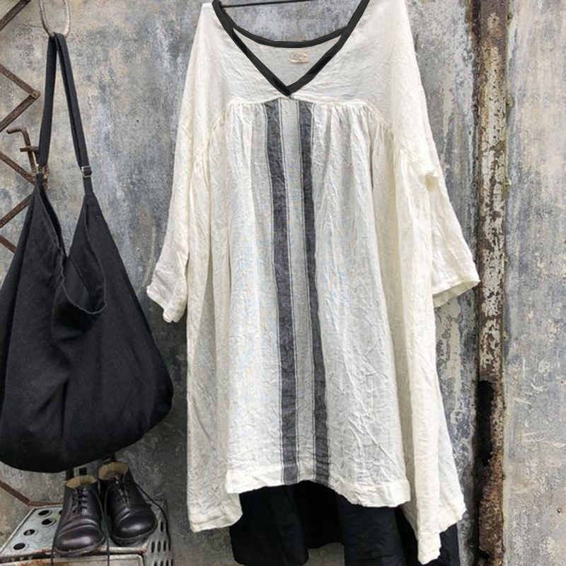 Cotton Linen V-Neck Panel Midi Dress