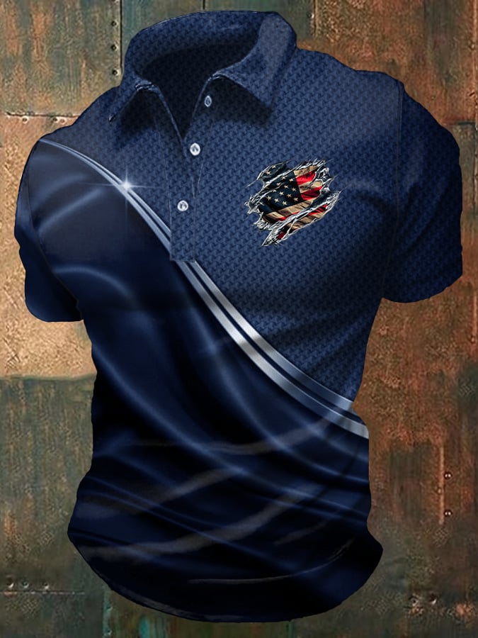 Men's Casual Independence Day Flag Print Polo Shirt