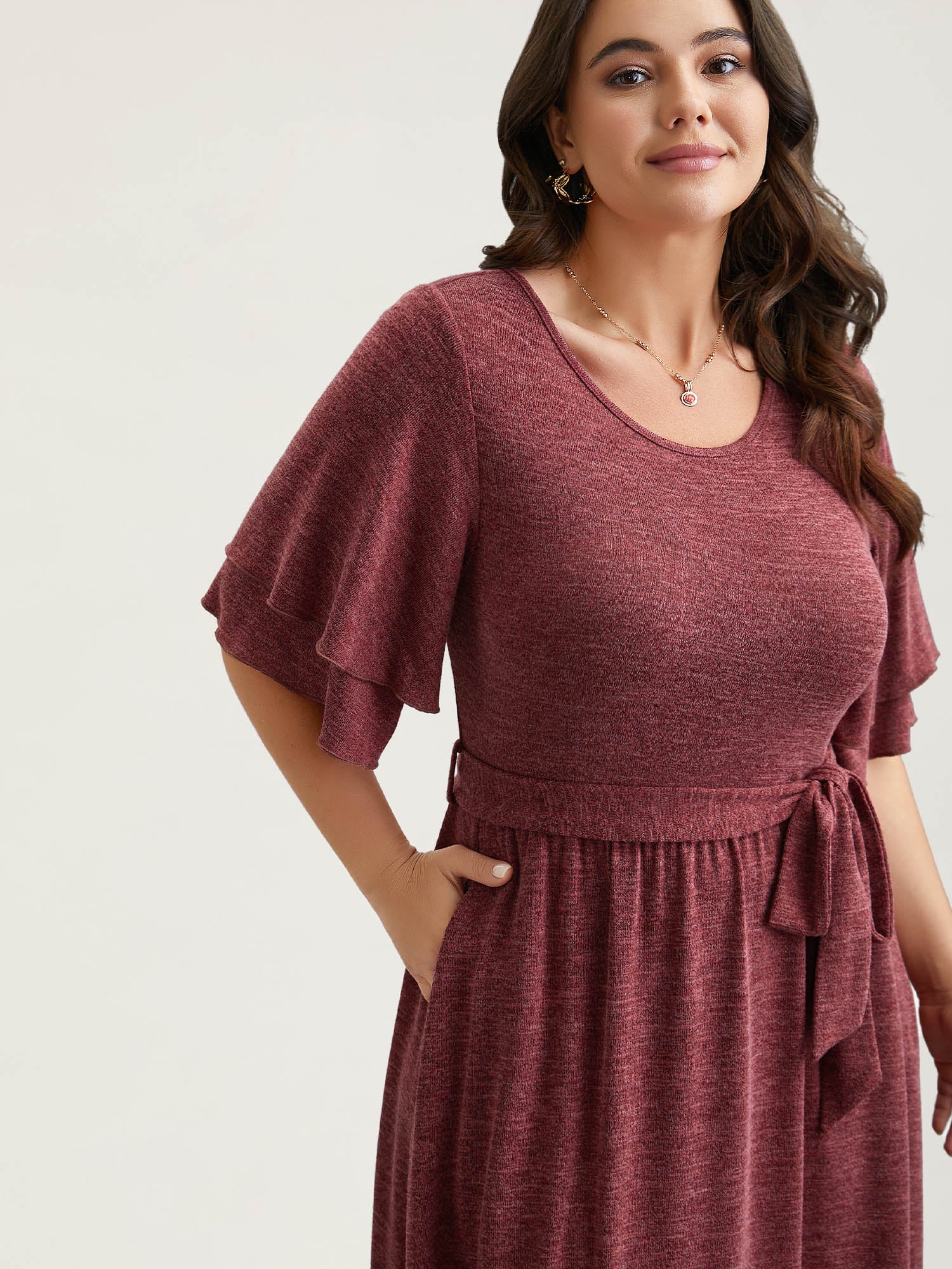 Layered Lotus Sleeve Belted Midi Knit Dress