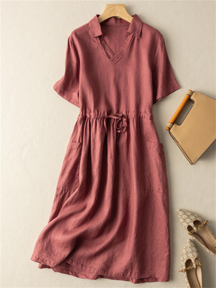 Patch Pockets Lapel V Neck Maxi Dress