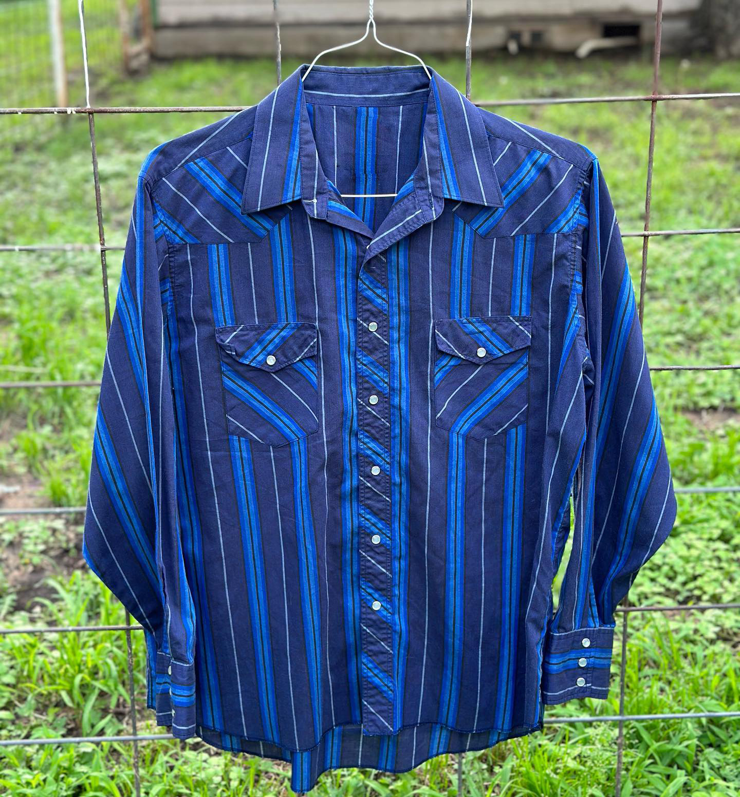 Men's Western Casual Blue Striped Shirt