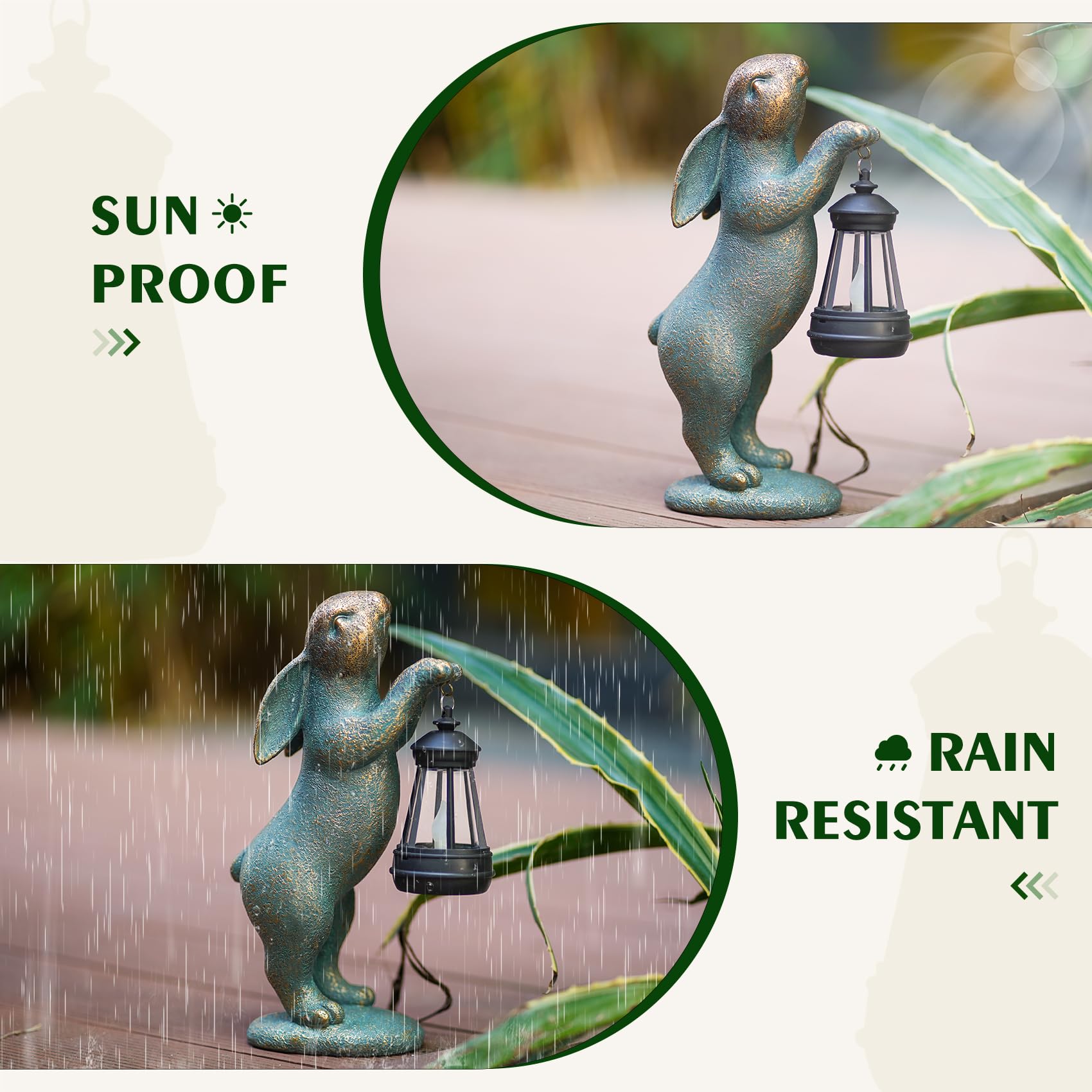 Garden Statues Rabbit with Solar Lantern Flickering Flame Lights