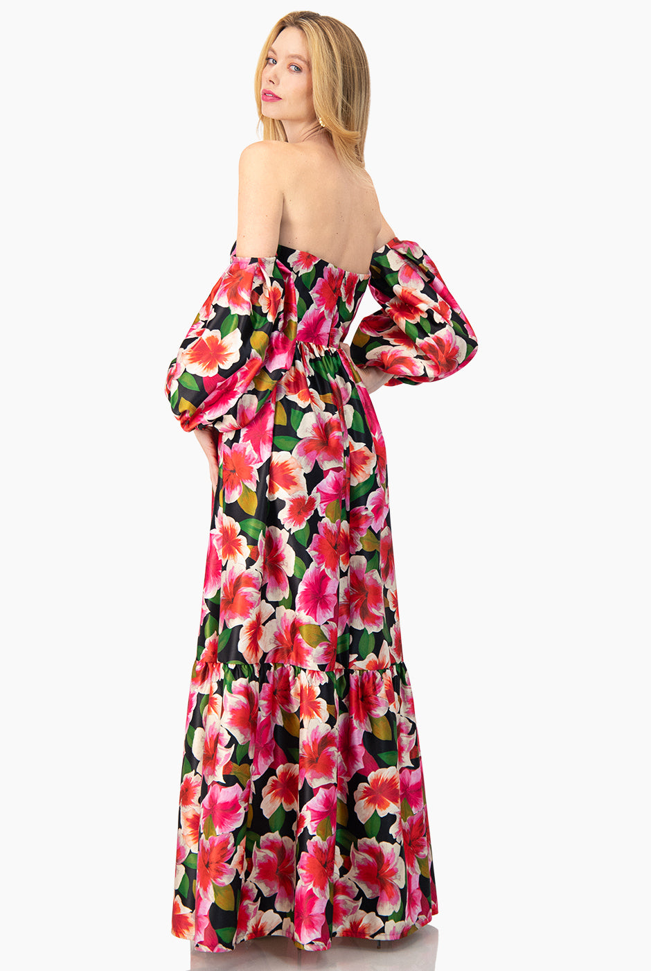 Vestido largo corte strapless y estampado floral