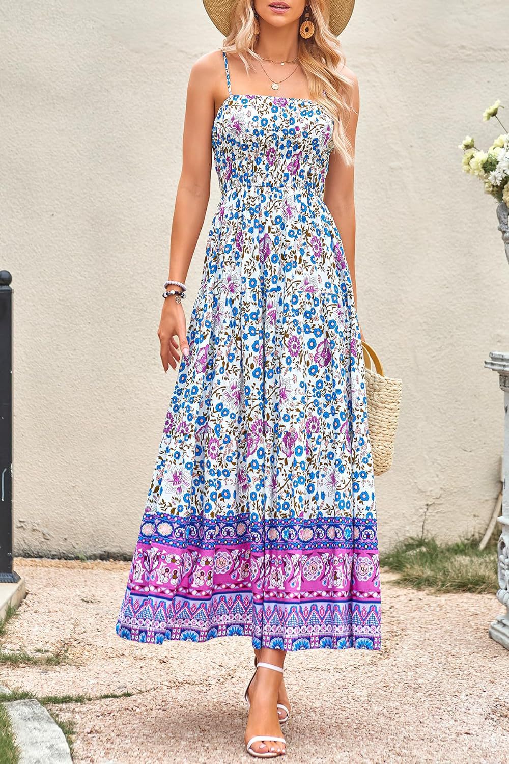 Blue and purple Retro Floral Bohemian dress with adjustable shoulder straps