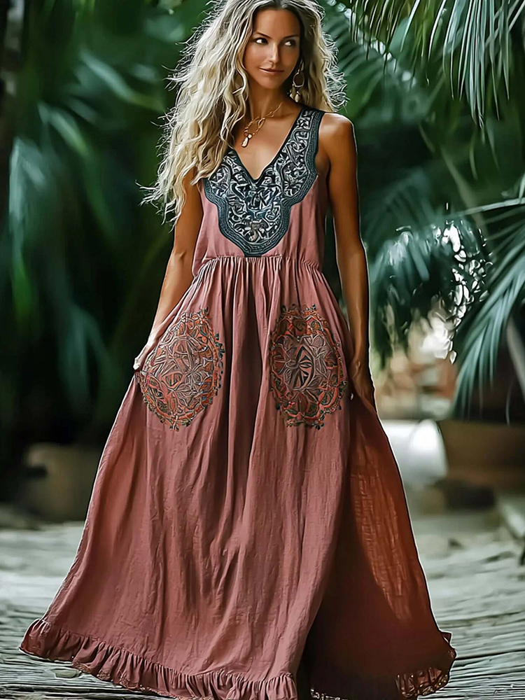 Women's Elegant Ethnic Style  Bohemian Casual Sleeveless Linen V-neck Maxi Dress