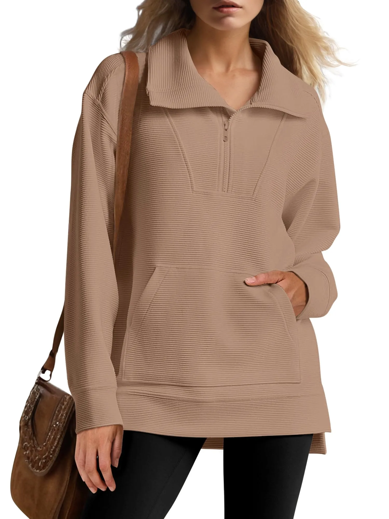 WOMEN'S QUARTER ZIP OVERSIZED KNIT PULLOVER (BUY 2 FREE SHIPPING)