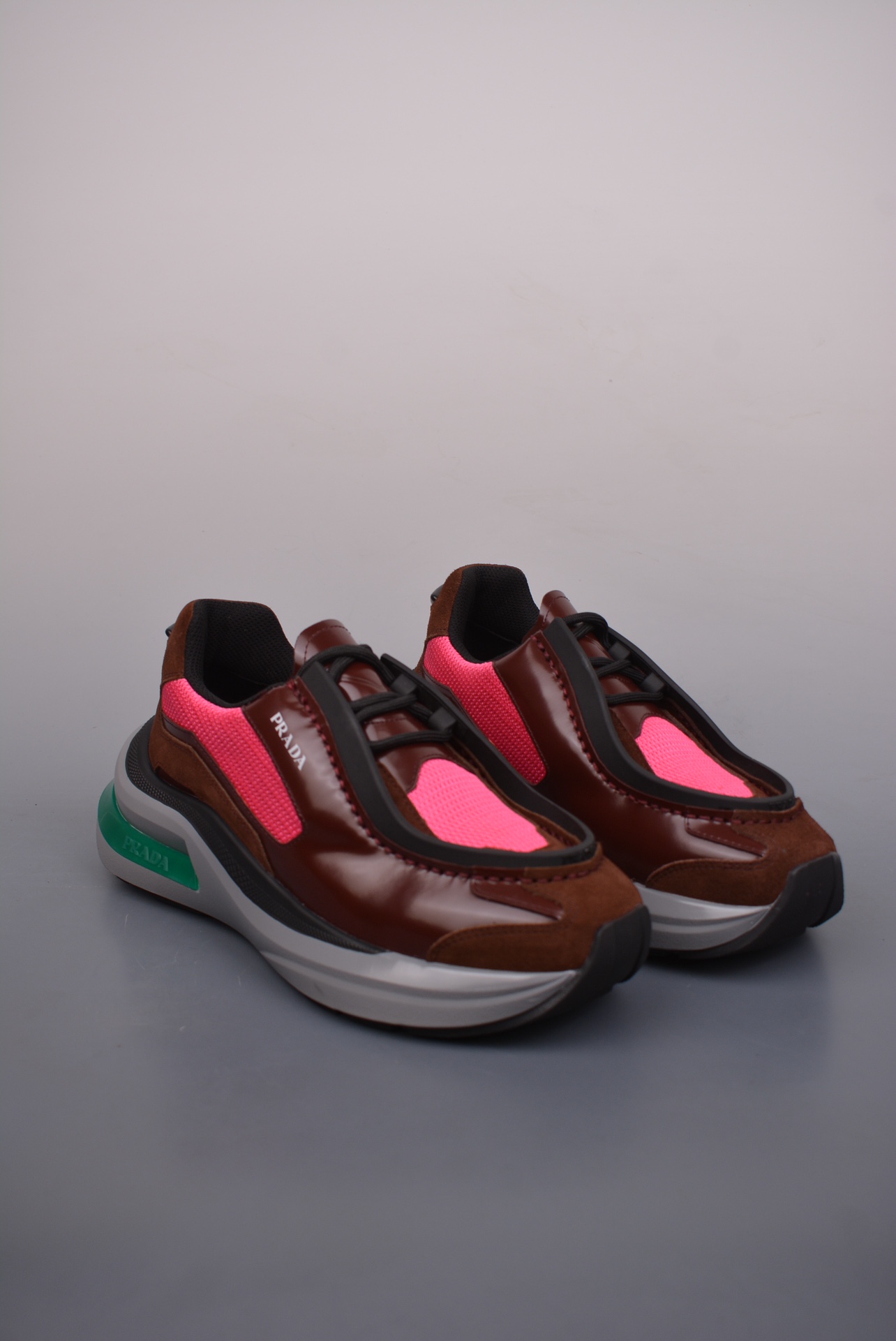 Prada Men's New Thick-soled Stitching Sneakers Burgundy Pink