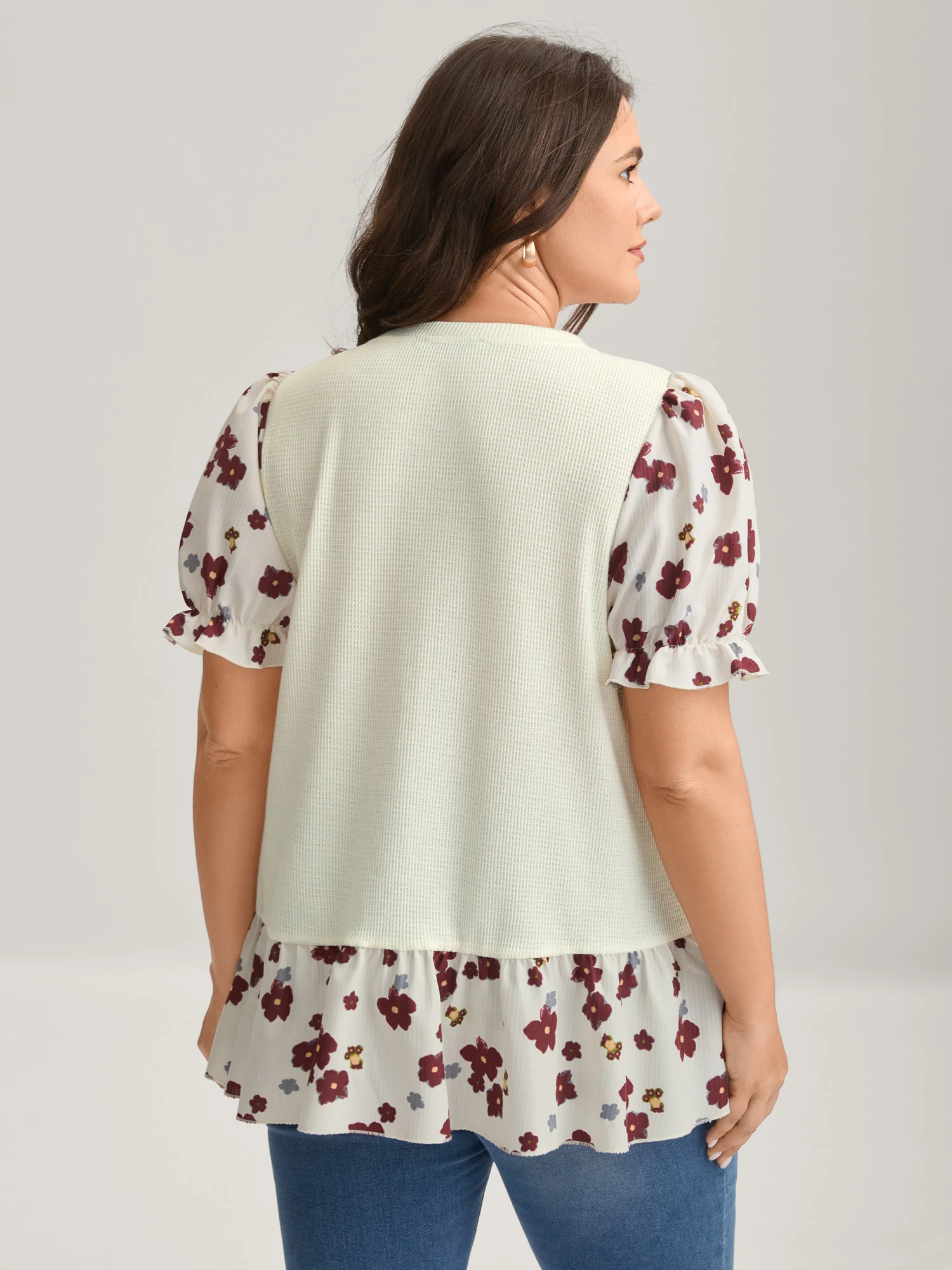 Floral Detail Waffle Contrast Knit Top