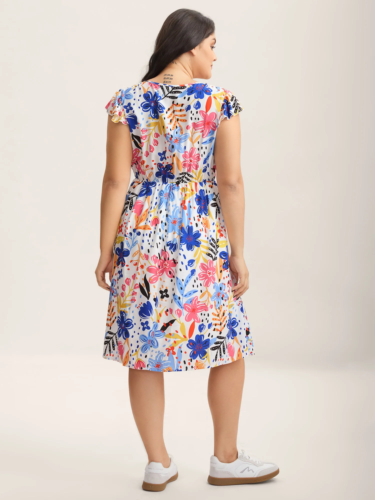 Rayon Fun Floral Print Ruffled Sleeve Midi Dress