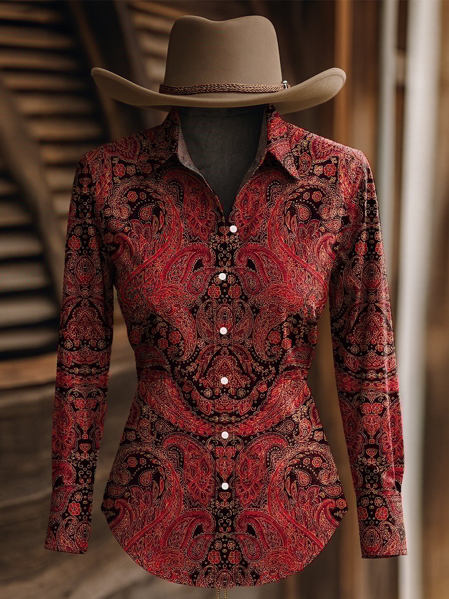Women's Vintage Paisley Floral Print Western Long Sleeve Shirt