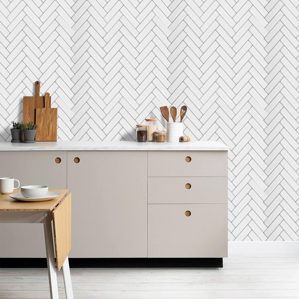 White Herringbone Backsplash Peel and Stick Tile - Thicker Design