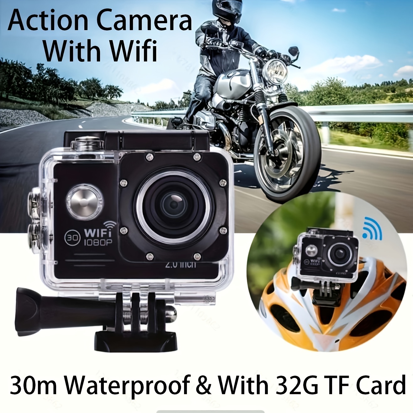 (Built-in Battery) Wifi HD 1080 Action Camera 30m Waterproof Underwater Camera 140 Degrees Ultra-wide Angle Lens Convenient Waterproof Action Camera 2 Inch Display Wifi Camera Multiple Languages Optional Waterproof Camera With 32G TF Card For Thanksgiving