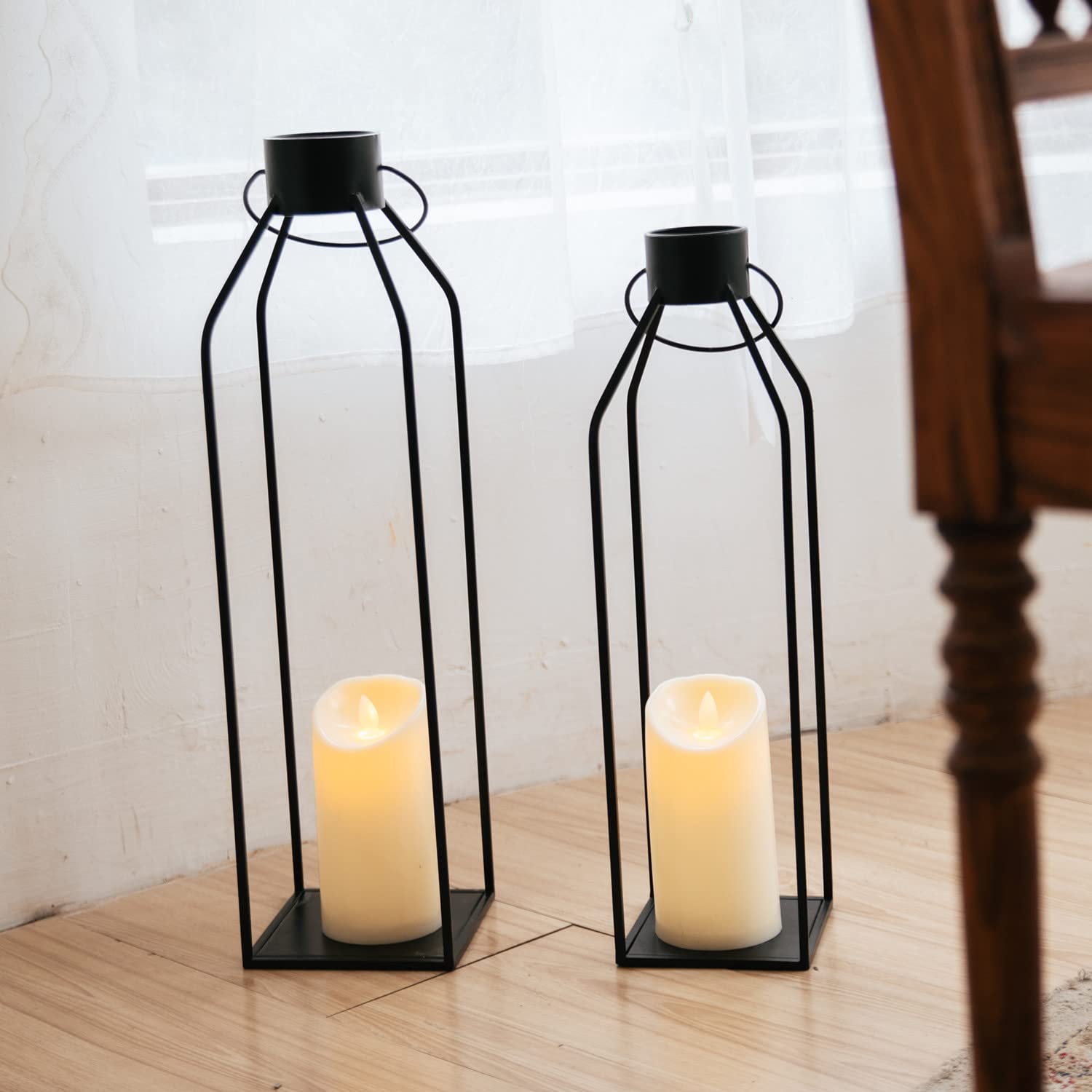 🔥22'' 19'' Large Metal Candle Lanterns with Timer Flickering Candles - Set of 2