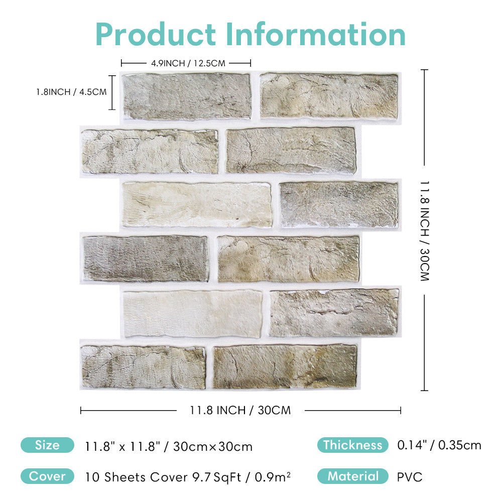 3D Brown-Gray Brick Peel and Stick Wall Tile
