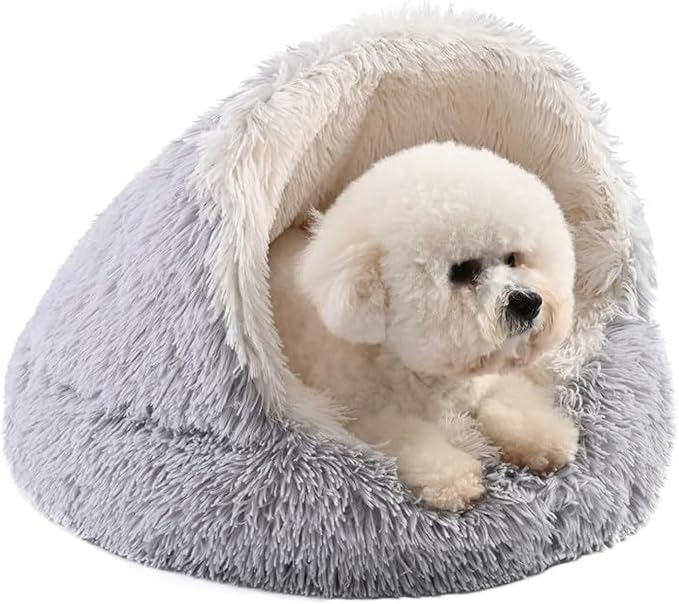 Cat Bed Round Plush Fluffy Hooded Calming Cat Bed Cave for Dogs&Cats