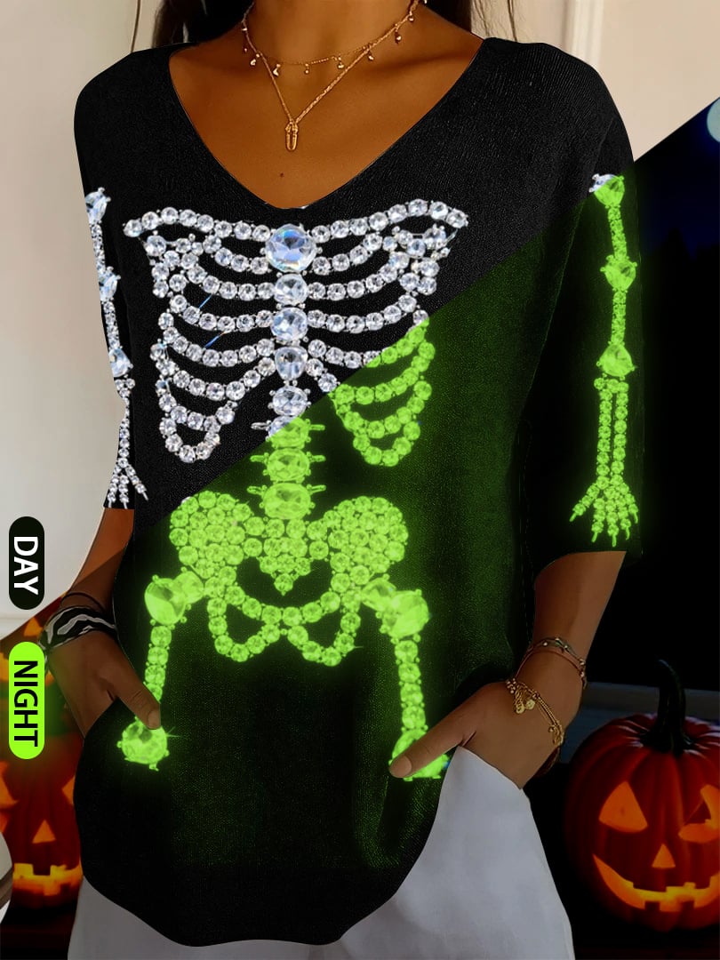 🔥Buy 3 Get 10% Off🔥✨Iuminous Effect✨Women's Halloween Fluorescent Diamond Skeleton Print V-Neck T-Shirt