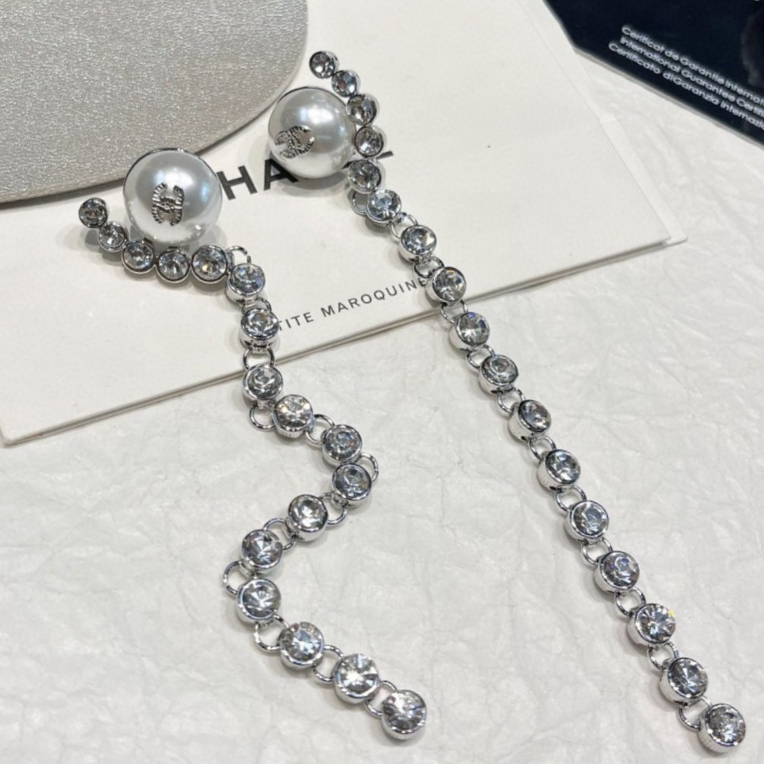 Chanel Silver Round Diamond Long Pearl Earrings