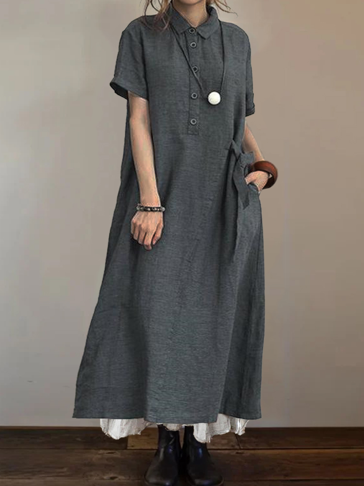 Side Tied Button Up A Line Maxi Dress