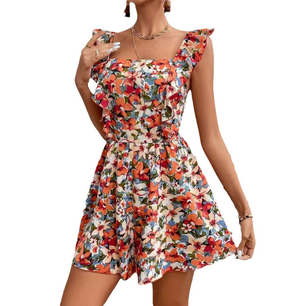 Sleeveless Square Collar Jumpsuit with Printed Design and Elastic Waist Back