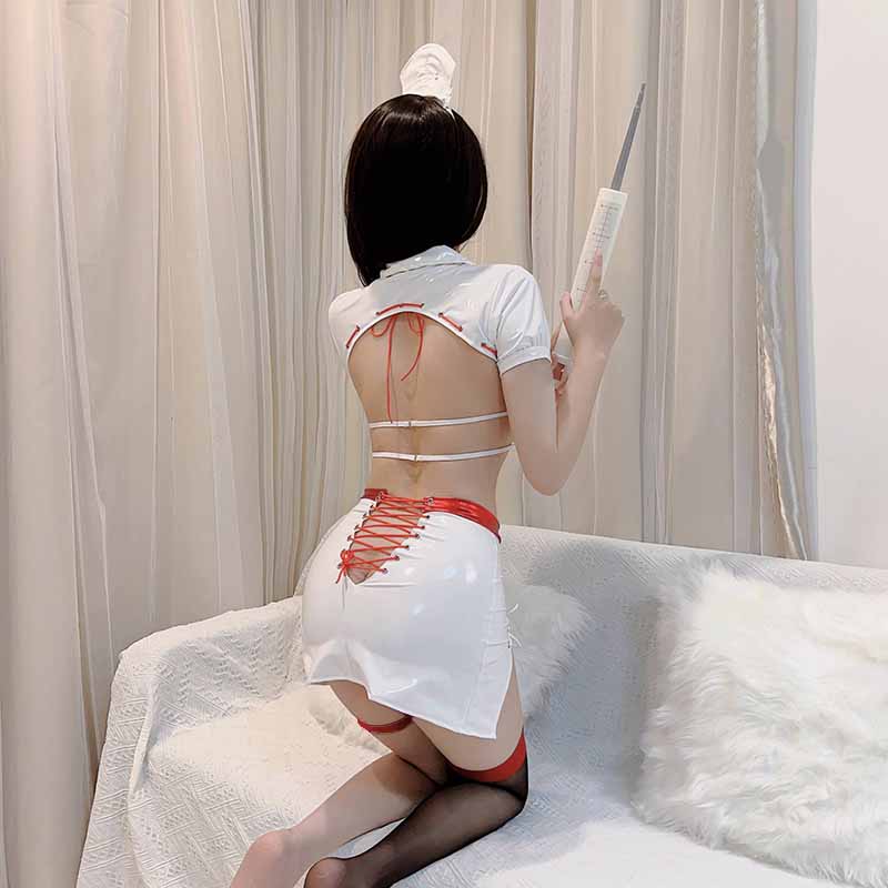 Cosplay Nurse Lace Up Hollow Out PU Lingerie Set