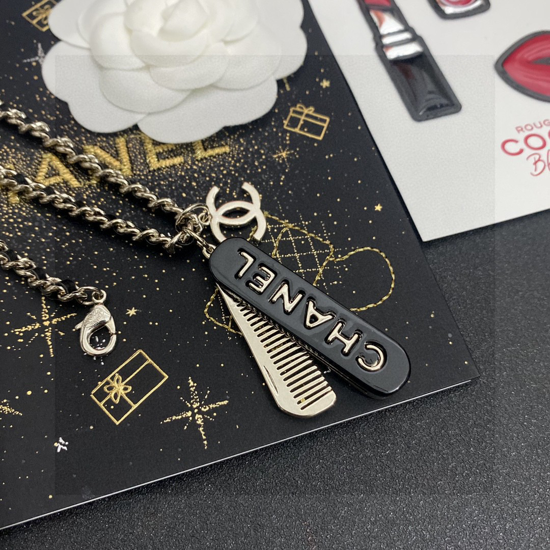 Chanel Comb Brass Double C Pendant Leather Chain Necklace