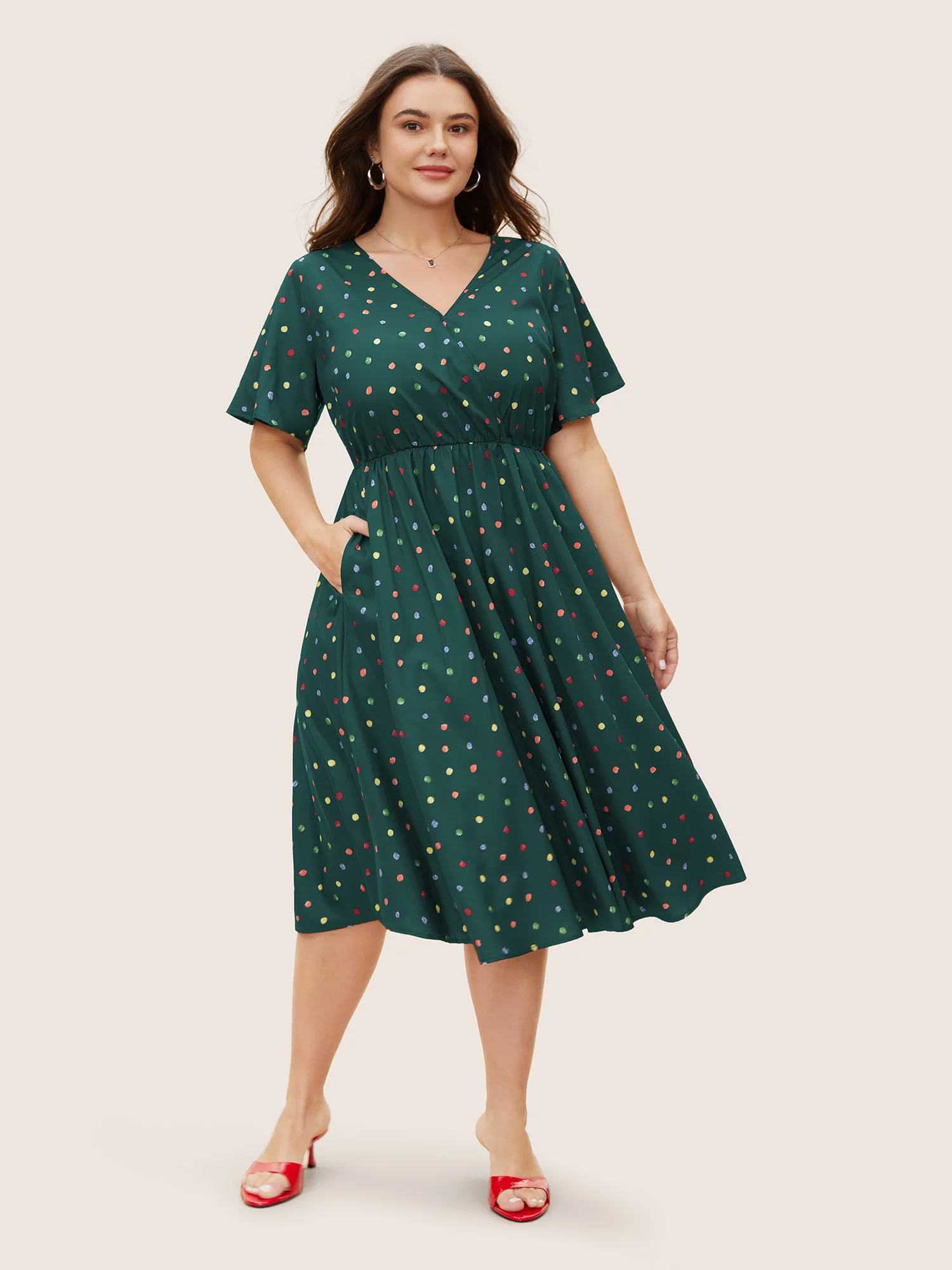 Colored Polka Dot Overlap Collar Midi Dress