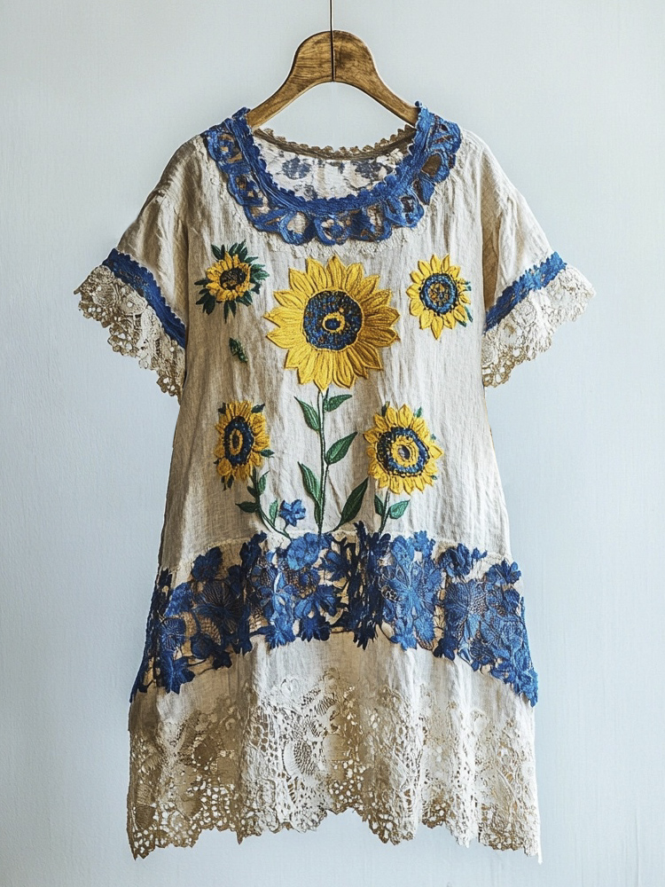 Sunflower Vintage Lace Embroidery Patchwork Women's Linen Dress