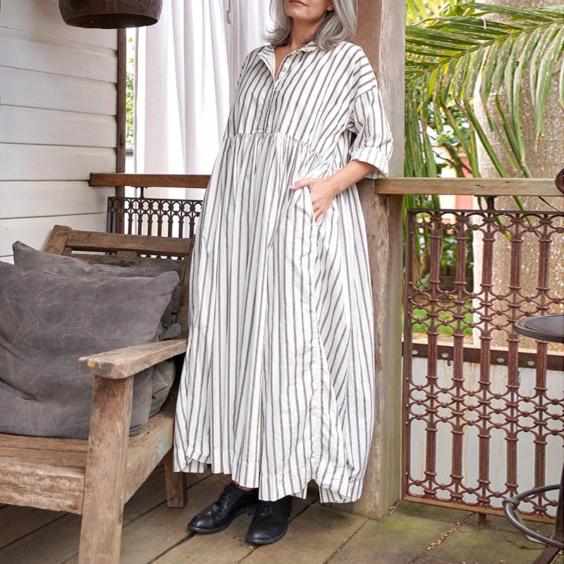 Striped Casual Shirt Collar Long Sleeved Maxi Dress