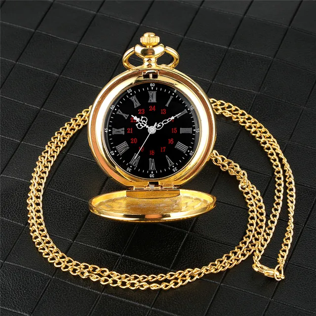 Luxury Yellow Gold/black Smooth Case Clock Men Women Pendant Pocket Watch Quartz Movement Analog Display Necklace Fob Chain