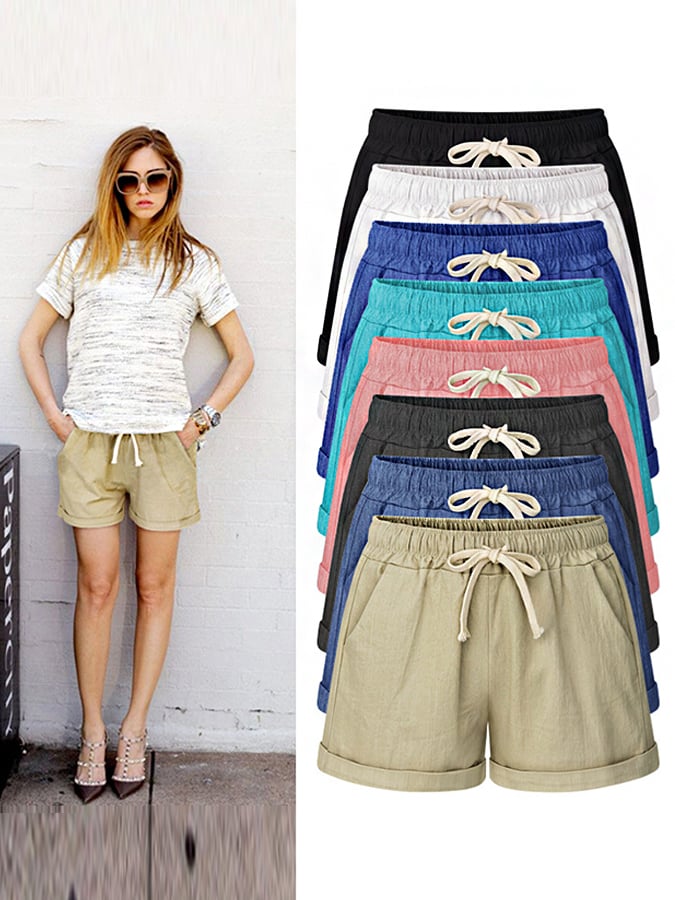 Women's Casual Solid Tie Slub Cotton Shorts