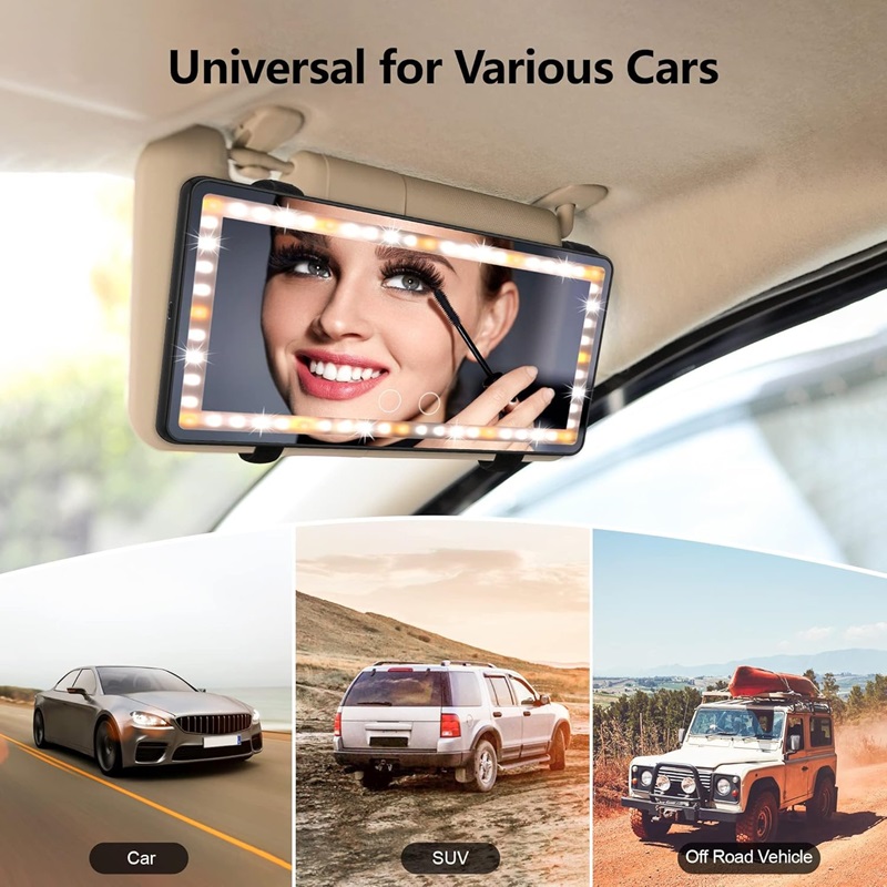 Car Sun Visor Vanity Mirror Rechargeable with Dimmable Touch Screen 3 Light Modes & 60 LEDs