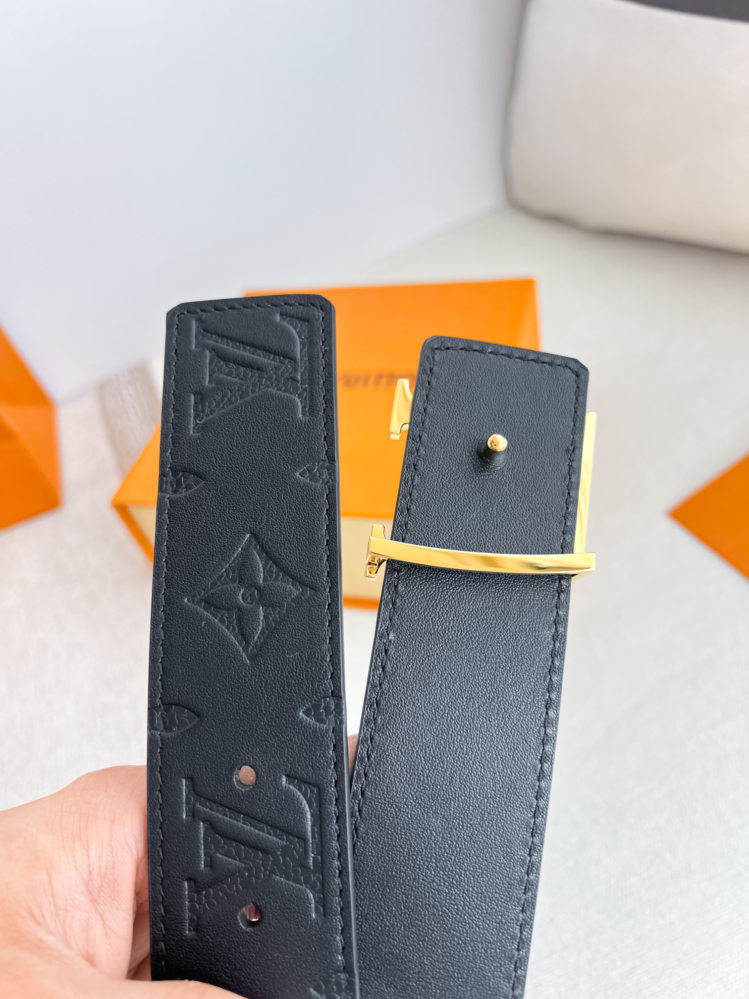 Louis Vuitton Black Printed Calfskin Men's Belt 3.8CM Width