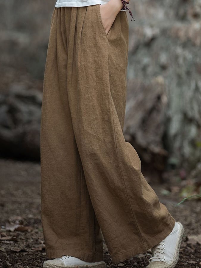 Women's Solid Color Loose Elastic Waist Casual Cotton And Linen Pants