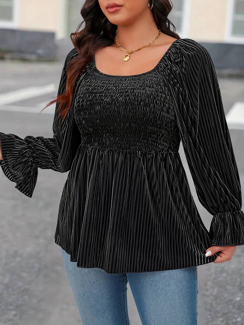 Plus Size Women Square Collar Flare Sleeve T Shirt Autumn Winter Elegant Waist Slimming Velvet Top