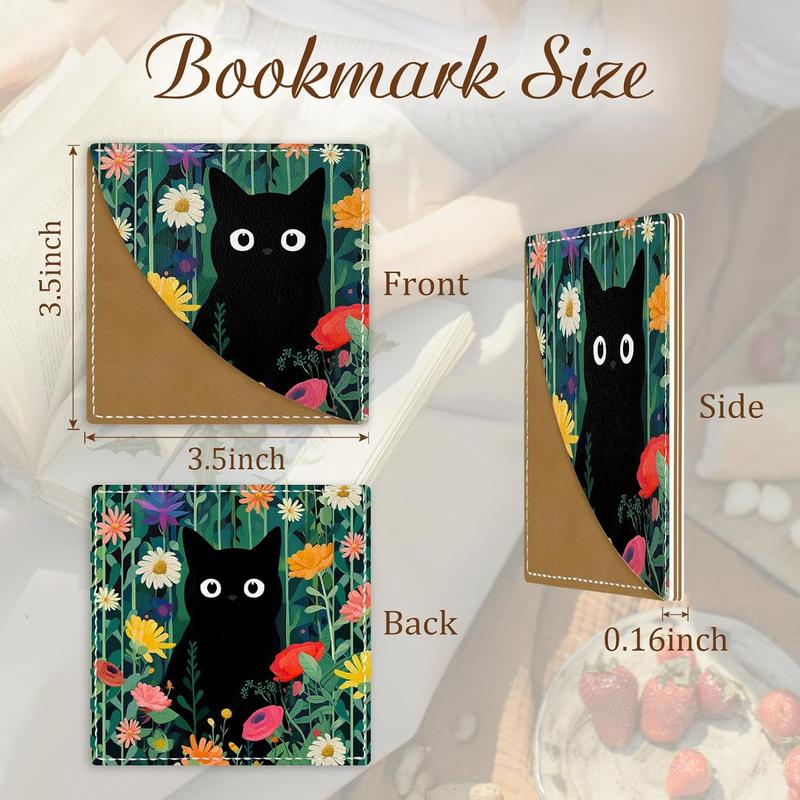 🔥ON SALE🔥3 Pcs Cute Black Cat Floral Corner Bookmarks - Funny Leather Book Accessories for Book Lovers