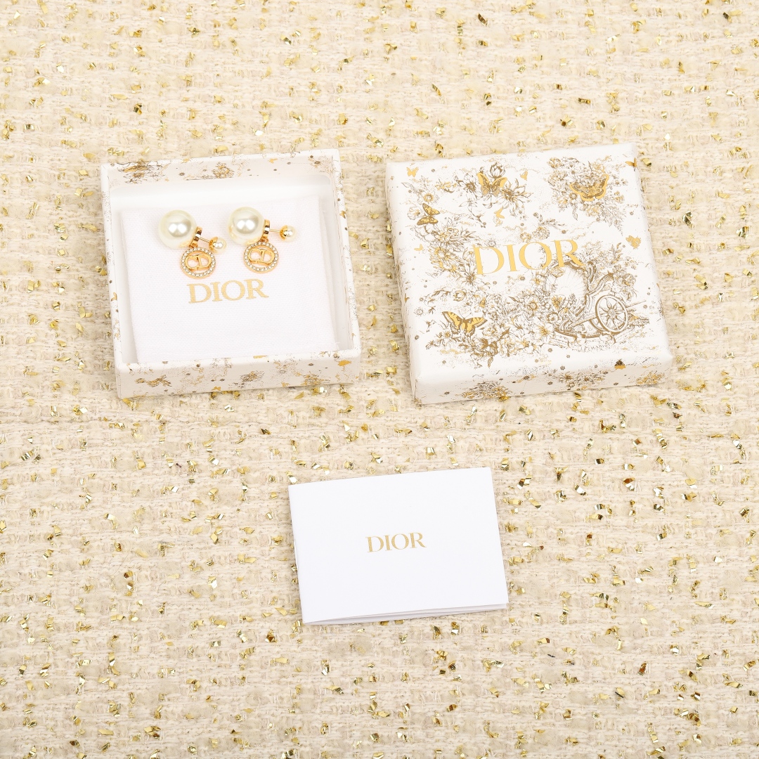 Dior Round Crystal CD Double Ball Pearl Earrings